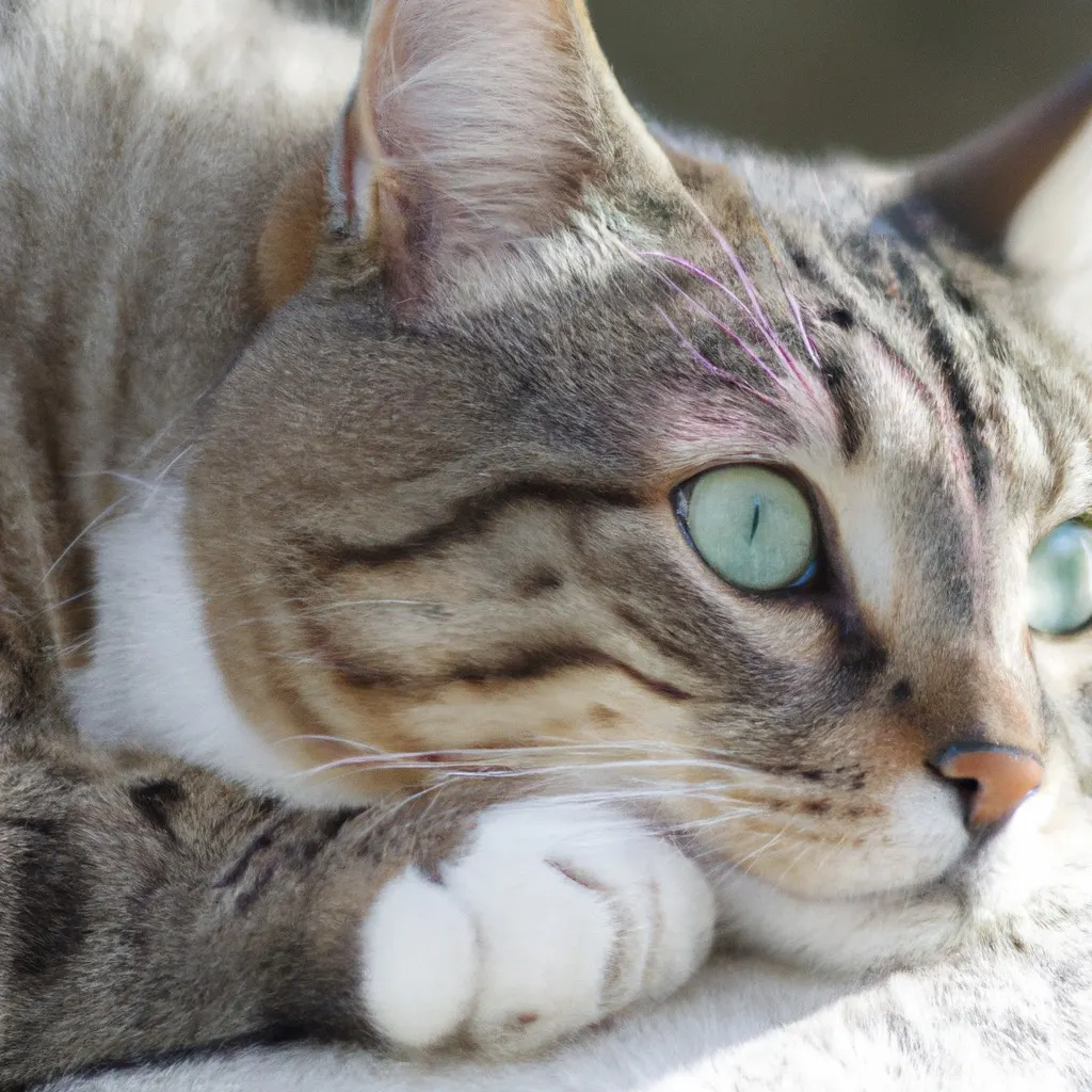 Tabby cat resting with bright green eyes
